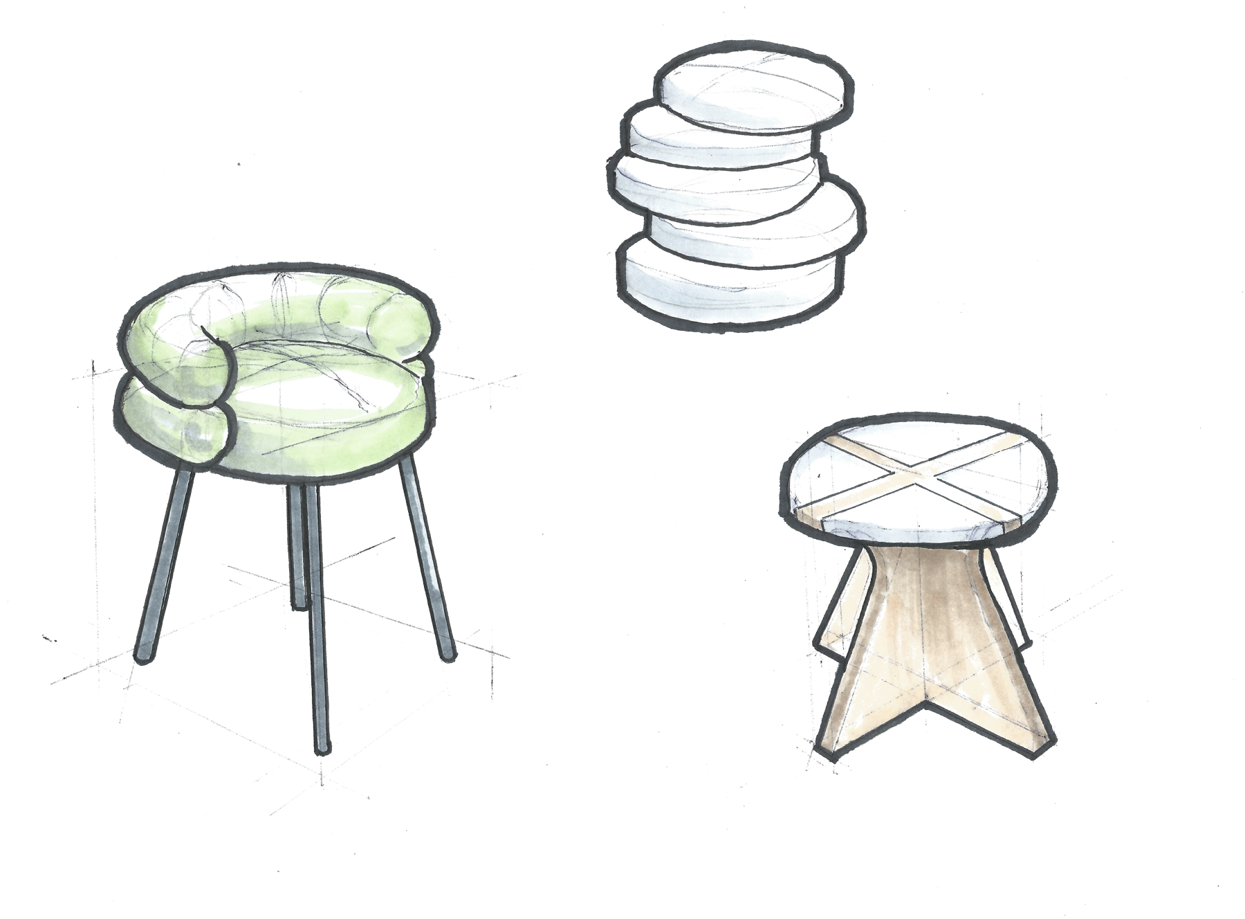 Marker sketches: cushioned seat, stacked disks, split-seat stool