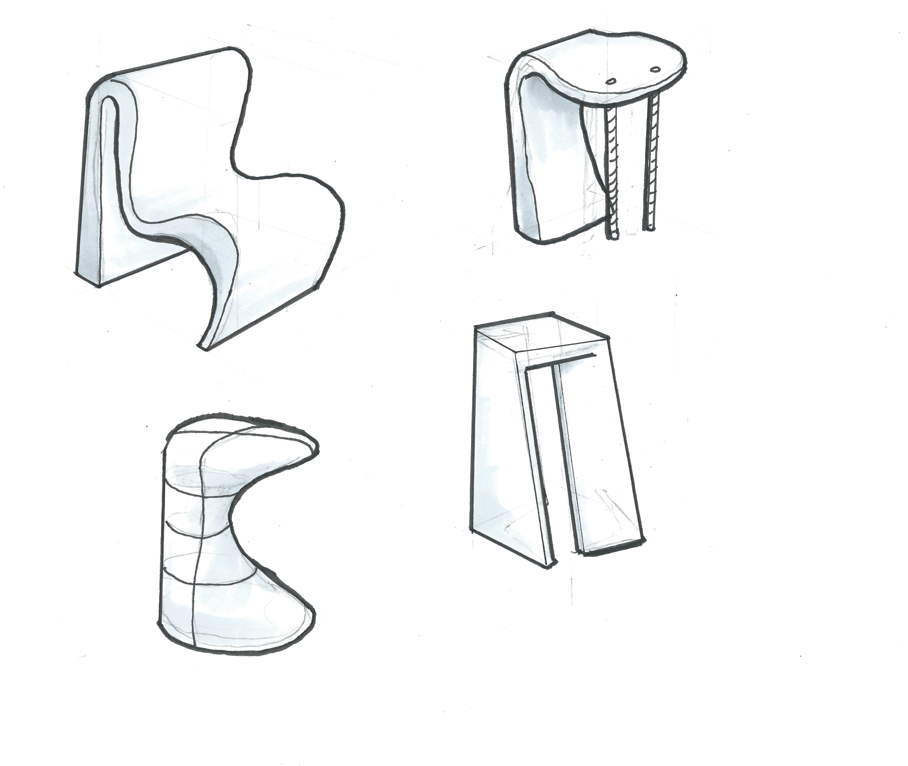 Marker sketches of folded and bent stool forms